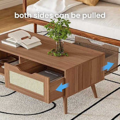 Brown Rattan Coffee Table, Mid Century Modern with Drawer & Shelf, 39'' Wooden Boho Coffee Table for Living Room