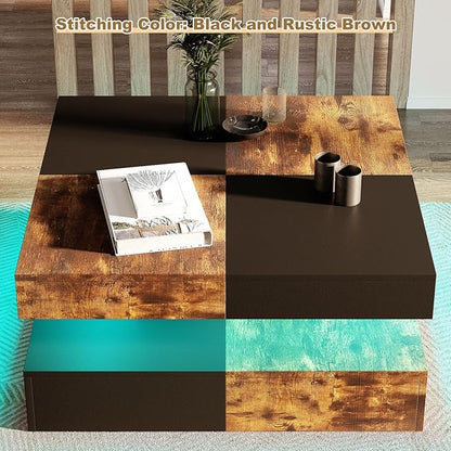 LED Coffee Table for Living Room, Living Room Table 2-Tier Square Middle Center, Modern Coffee Tables with Storage, Contemporary Wood Tea Table for Dining Reception, Rustic Brown