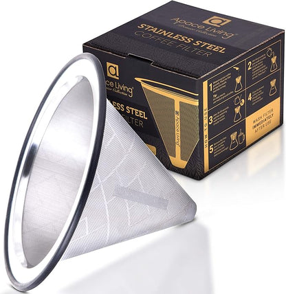 Compatible with Hario V60, Chemex Pour Over Coffee Filter - Wide Metal Base Reusable Stainless Steel Coffee Dripper - Paperless Coffee Filter for Sustainable Brewing