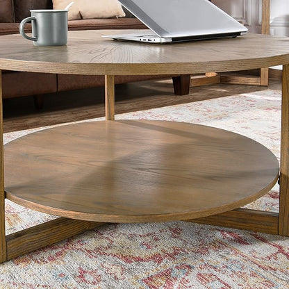 PADMA HOUSE 33.5" Round Wood Coffee Table, 2-Tier Solid Wood Rounded Circle Accent Coffee Table Center Cocktail Table Vintage Furniture for Home Living Room Bedroom,Yellowish Brown 3338