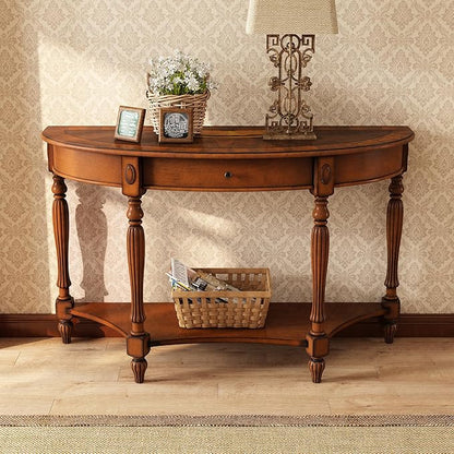 Solid Wood Semi-Circle Console Table with Drawer and Shelf, 45.3" Traditional Vintage Entryway Table Polished Edging Half-Moon Narrow Table for Living Room Hallway, Beewax