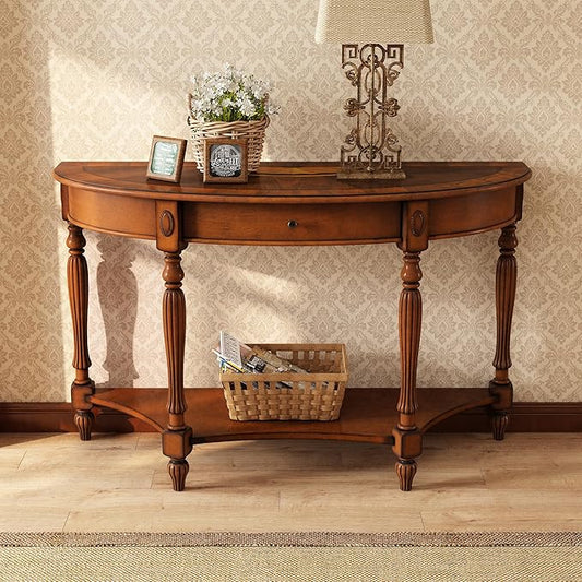 Solid Wood Semi-Circle Console Table with Drawer and Shelf, 45.3" Traditional Vintage Entryway Table Polished Edging Half-Moon Narrow Table for Living Room Hallway, Beewax