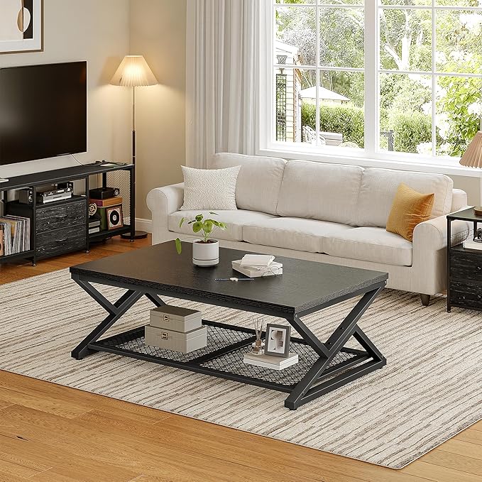 EnHomee Coffee Table with Storage, Modern Coffee Tables for Living Room with Mesh Shelf, 2 Tier Rectangular Center Table for Living Room, Bedroom, 47.2 Inch, Black Oak