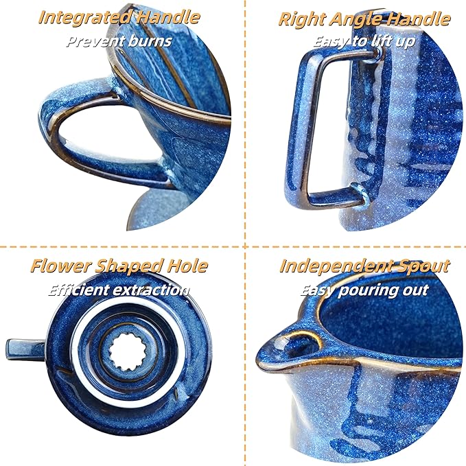 Pour Over Coffee Maker,Ceramic Coffee Maker With 40 pcs V60 Paper Filter，15oz/450ml Pour Over Coffee Dripper (Starry Blue, V02)
