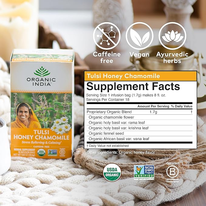 ORGANIC INDIA Tulsi Honey Chamomile Tea Bags - Herbal Tea for Stress Relieving & Calming, USDA Certified Organic, Caffeine Free - 18 Tea Bags, 3 Pack