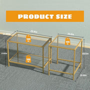 Coffee Table Set of 2,Gold Glass Nesting Coffee Side End Table,Square Modern Center Table for Living Room,Bedroom and Small Spaces,Tempered Glass-top with Sturdy Metal Frame, Easy Assembly