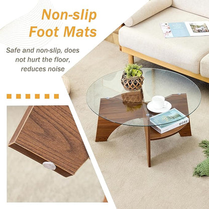 31.5" Round Glass Coffee Table with Tempered Glass Top and MDF Base, Diagonal Fan-Shaped Tray Design Table Leg Simple & Modern Center Table for Living Room Office Apartment Walnut