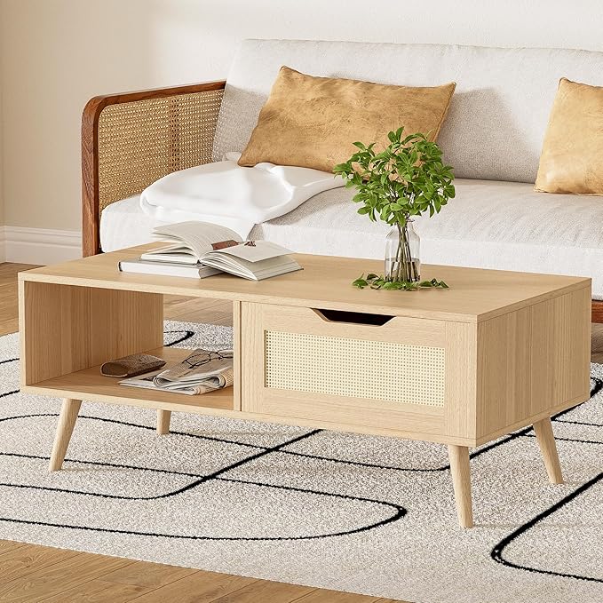 Oak Rattan Coffee Table, Mid Century Modern with Drawer & Shelf, 39'' Wooden Boho Coffee Table for Living Room