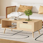 Load image into Gallery viewer, Oak Rattan Coffee Table, Mid Century Modern with Drawer &amp; Shelf, 39'' Wooden Boho Coffee Table for Living Room