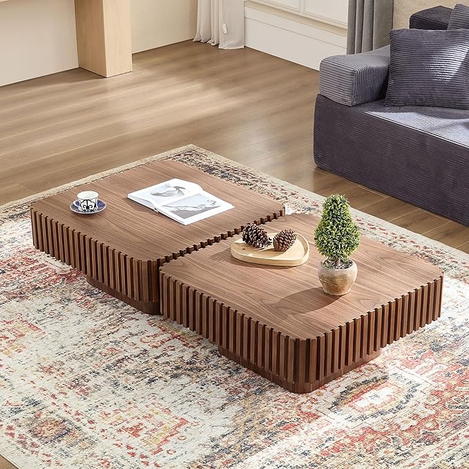 Square Wood Coffee Table for Living Room Modern Drum Wooden Fluted Handcraft Center Tea Cocktail Small Space, Easy Assembly 31.5" W x13.77 H Walnut