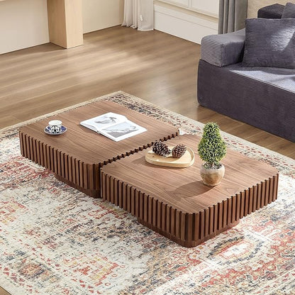 Square Wood Coffee Table for Living Room Modern Drum Wooden Fluted Handcraft Center Tea Cocktail Small Space, Easy Assembly 31.5" W x13.77 H Walnut