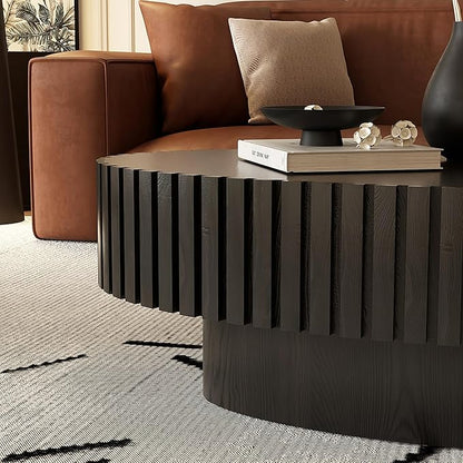 43.31" Oval Drum Coffee Table, Modern Handcraft Fluted Drum Center Table, Wooden Oval Coffee Table Center Table with Sturdy Pedestal for Living Room Apartment (Black)