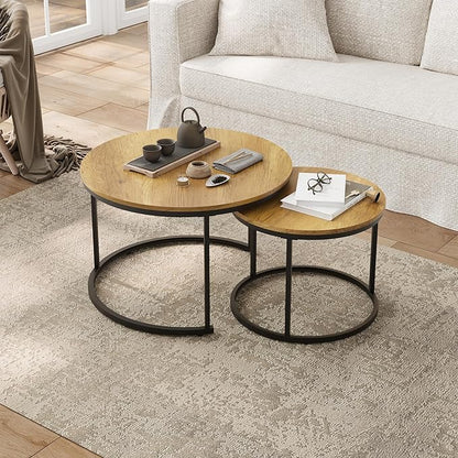 Smuxee Nesting Coffee Table Set of 2, 27.6" Round Coffee Table Wood Grain Top with Adjustable Non-Slip Feet, Industrial End Table Side Tables for Living Room Bedroom Balcony Yard