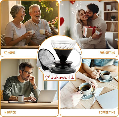 Pour Over Coffee Maker – Borosilicate Glass Dripper with Stainless Steel Reusable Filter, Manual Eco Brewer, Plastic-Free Non-Toxic Coffee Station, Innovation Infuser for Daily Brewing
