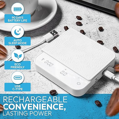 Mini Coffee Scale with Timer – Digital Barista Weight Scale with Designer-Patterned Tamper Mat, 0.1g High Precision, Portable & Rechargeable for Espresso, Pour Over, Drip, and Kitchen Brewing Use