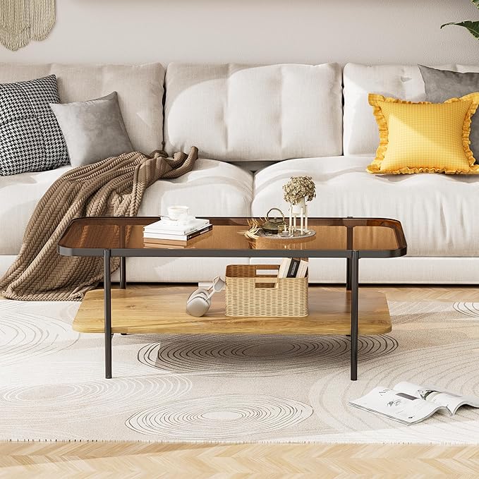 Brown Glass Coffee Table, Modern 2-Tier Coffee Table with Metal Leg, Accent Table with Wood Open Storage, Living Room Rectangular Center Table with Rounded Corners, Side Table for Home Office (Brown)