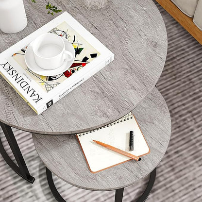 Round Coffee Table Set of 2 for Living Room,Black Small Coffee Table Living Room,Nesting Tables Metal Frame/Wood,Sturdy/Easy Assembly,Stacking Side Tables Bedroom,Grey