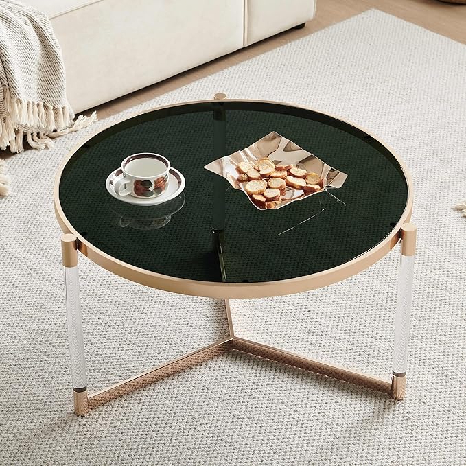 AGV LIGHTING 202303GL-BK Glass Coffee Table, Modern Design, Single Layer GlassTop, Perfect for Living Space, D31.5 x H17, Black Glass Top, Transparent Acrylic Leg & Shiny Gold Finish Metal Frame…