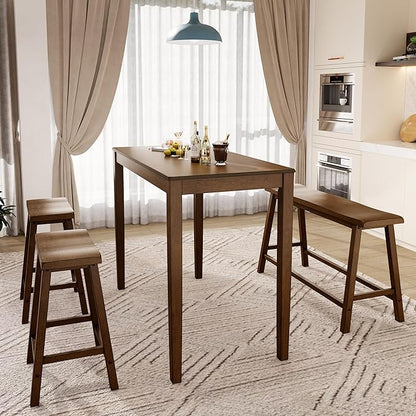 PHI VILLA Dining Table Set for 4, Counter Height Dining Table with 2 Chairs and 1 Bench, Solid Wood Table Sets for Farmhouse, Rustic Kitchen and Dining Room Table Set with Chairs, Rustic Caramel