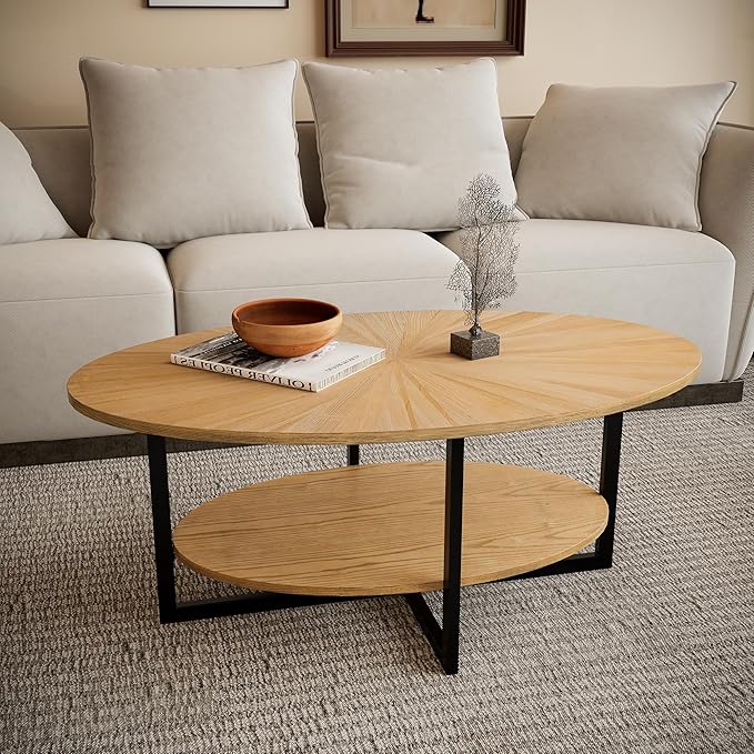 Solid Wood Oval Coffee Table with Cross Metal Legs, 43.3in Modern Industrail Center Table with Open Shelf Cocktail Tea Table for Living Room Bedroom, Natural Wood Color KFZ-1811-OA