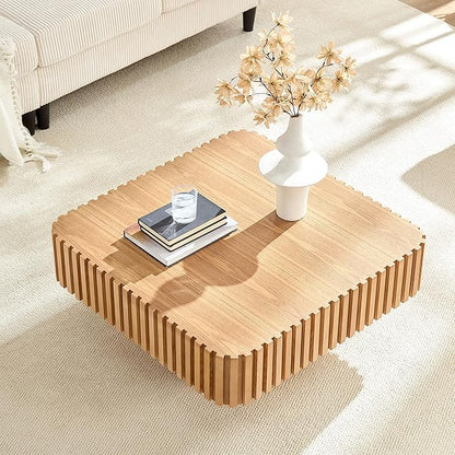Square Wood Coffee Table for Living Room Modern Drum Wooden Fluted Handcraft Center Tea Cocktail Small Space, Easy Assembly 31.5" W x13.77 H Oka