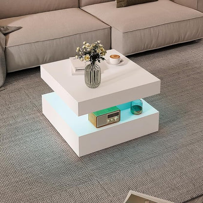 Small White Led Coffee Table for Living Room, 23.6" Wood Square 2-Tier Storage Modern Center Table, Modern High Glossy Wooden Coffee Tables for Small Space