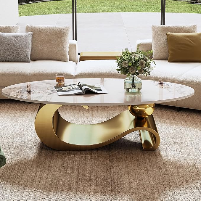 Marble Grain Coffee Table with Gold Stainless Steel Pedestal,Modern Coffee Tables,Oval Living Room Table with Faux Marble Top & Luxury Legs,Sintered Stone Cocktail Center Table,49.2 inch