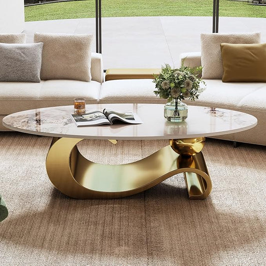 Marble Grain Coffee Table with Gold Stainless Steel Pedestal,Modern Coffee Tables,Oval Living Room Table with Faux Marble Top & Luxury Legs,Sintered Stone Cocktail Center Table,49.2 inch