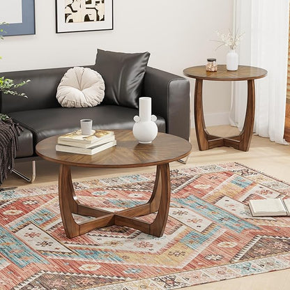 Round Coffee Table for Living Room, Solid Wood Cocktail Tables With Splicing Top ,Wood Traditional Center Table-, 33.5” Mid-century Circular Tea Desk for Office, Easy Assembly, Rustic Brown KFZ3223