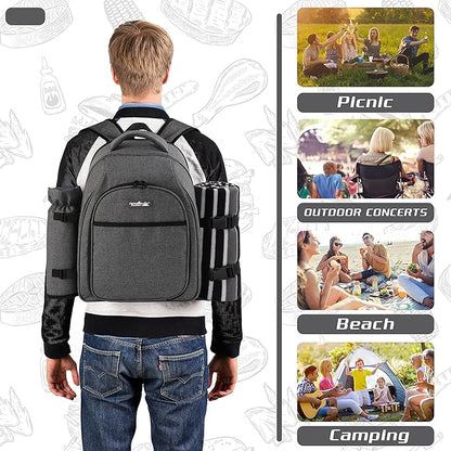 apollo walker Picnic Backpack Bag for 2 Person with Cooler Compartment, Detachable Bottle/Wine Holder, Fleece Blanket, Plates and Cutlery Set (2Person,Grey)