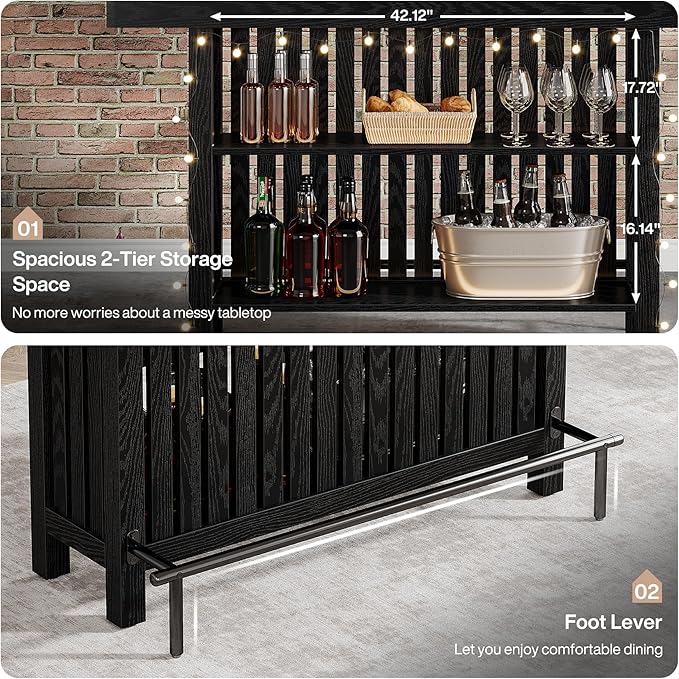 Tribesigns Black Large Home Bar Unit, 2-Tier Mini Bar Table Height Pub Table with Footrest, 63-Inch Modern Coffee Bar Cabinet for Home Kitchen, Bistro, Dining Room, Living Room