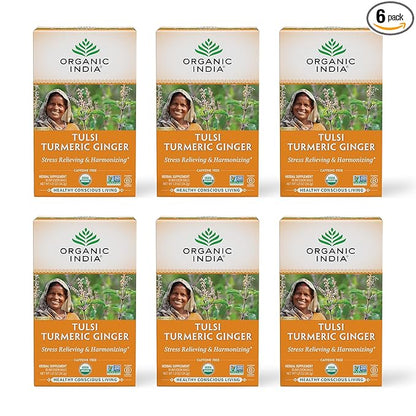 ORGANIC INDIA Tulsi Turmeric Ginger Herbal Tea - Stress Relieving & Harmonizing, Immune Support, Aids Digestion, Vegan, Caffeine-Free - 18 Infusion Bags, 6 Pack