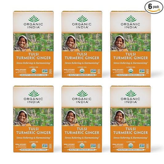 ORGANIC INDIA Tulsi Turmeric Ginger Herbal Tea - Stress Relieving & Harmonizing, Immune Support, Aids Digestion, Vegan, Caffeine-Free - 18 Infusion Bags, 6 Pack