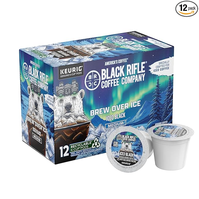 Black Rifle Coffee Company Iced Black Medium Roast Coffee,12 Count K-Cup Pods – Brew Over Ice with Chocolate, Maple & Sugar Cane Notes – Smooth, Strong & Crisp Cold Brew Flavor