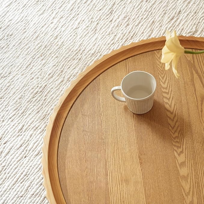 Round Coffee Table, Modern Living Room Tables with Mushroom Shape and Grooved Design, Circle Accent Pinewood Center Table for Living Room, Apartment (Nature Wood, 31.8''L×14.9''H)