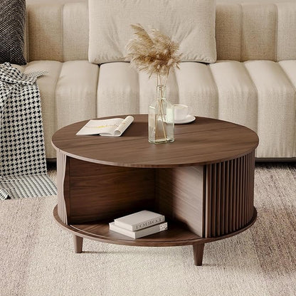 Round Coffee Table with Storage,31.5" Mid Century Modern Coffee Table with Hidden Compartment,Fluted Center Table for Living Room,Home Small Space,Walnut