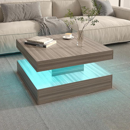 LED Coffee Table for Living Room, Living Room Table 2-Tier Square Middle Center Table, Modern Coffee Tables with Storage, Contemporary Wood Tea Tables for Dining Reception, Grey Wood