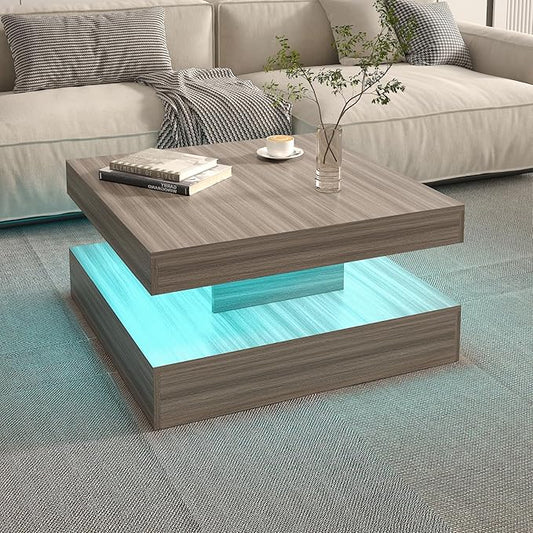 LED Coffee Table for Living Room, Living Room Table 2-Tier Square Middle Center Table, Modern Coffee Tables with Storage, Contemporary Wood Tea Tables for Dining Reception, Grey Wood