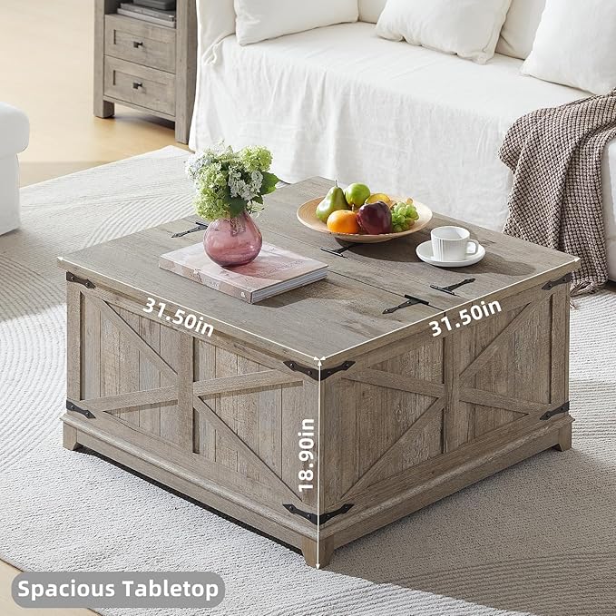 Farmhouse Coffee Table with Hidden Storage Organizer, Modern Square Large Center Table, Wood Farm House Low Rustic Light Oak Living Room Tables with Hinged Lift Top for Home, Office