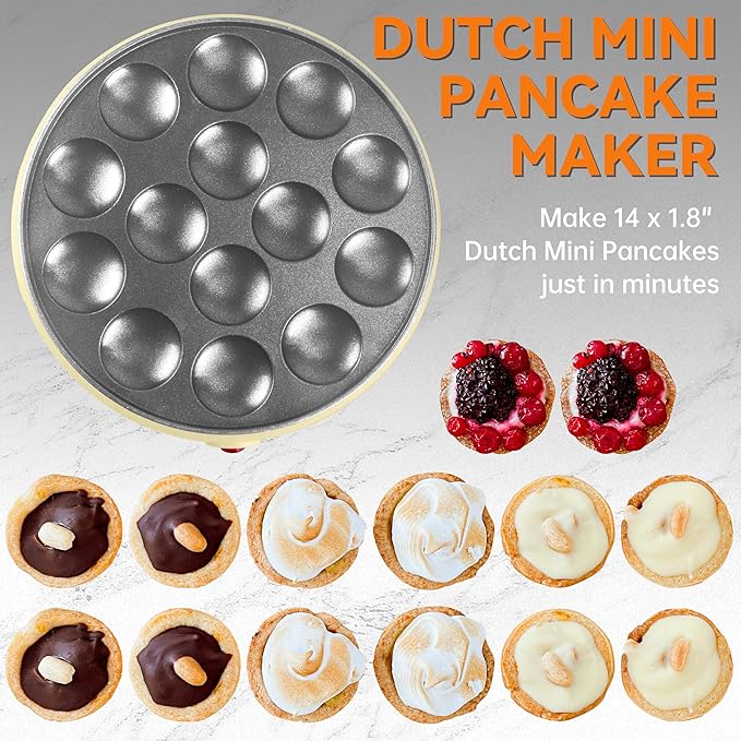Baker's Friend Mini Pancakes Maker Machine, Dutch Mini Pancake Griddle, 14 Holes Electric Poffertjes Pan, Ideal for Breakfast, Snacks, Desserts & More, Yellow