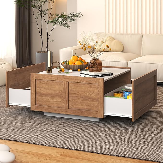 Farmhouse Coffee Table with 2 Storage Drawers for Living Room Square Center Middle Table Modern Cocktail Table Contemporary Mid Century Wood Home Office Waiting Room (White Brown)