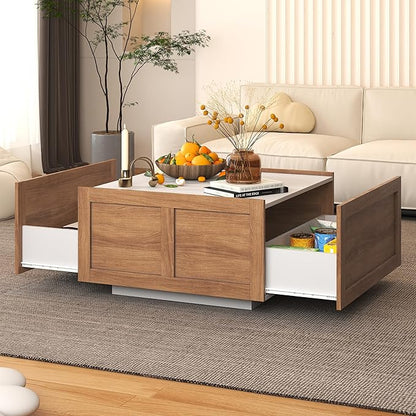 Farmhouse Coffee Table with 2 Storage Drawers for Living Room Square Center Middle Table Modern Cocktail Table Contemporary Mid Century Wood Home Office Waiting Room (White Brown)