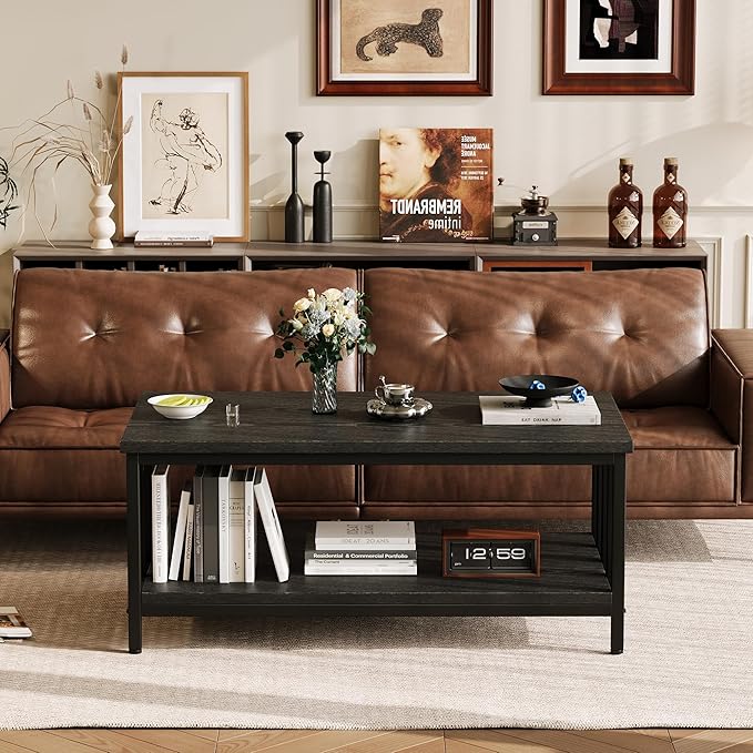 Coffee Table for Living Room with Slatted Sides Frame, Modern Farmhouse Living Room Table with 2-Tier Storage Shelf for Home Office, Apartment, 39 inch, Black