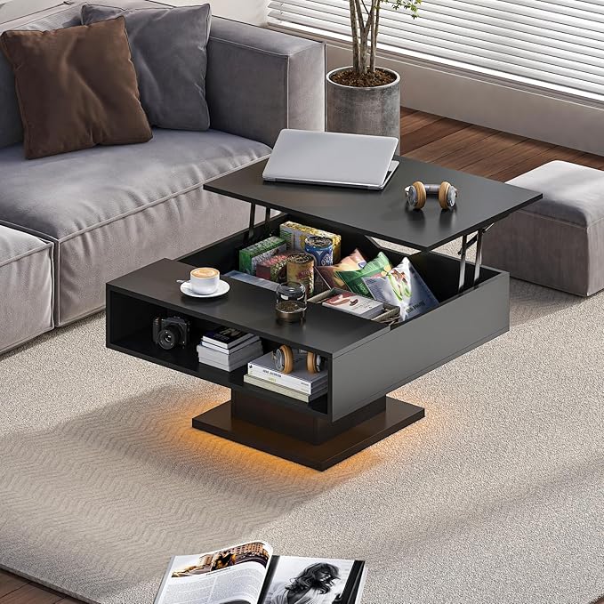 30.7" Lift Top Coffee Table with Storage, Square Black Led Coffee Table with Large Hidden Storage, Wood Living Room Table Led Center Table for Dining Reception Room