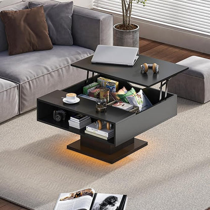30.7" Lift Top Coffee Table with Storage, Square Black Led Coffee Table with Large Hidden Storage, Wood Living Room Table Led Center Table for Dining Reception Room