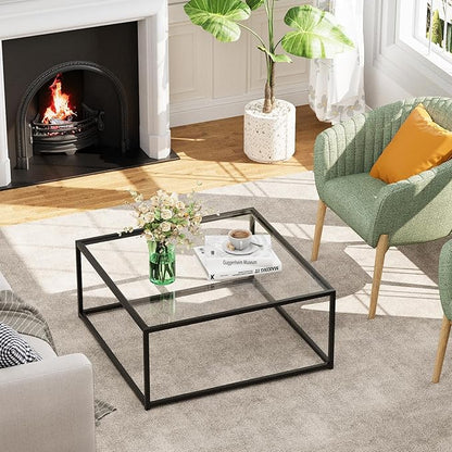 Black Glass Coffee Table for Living Room,Square Coffee Tables for Small Spaces,Simple Tea Cocktail Modern Center Tables, Living Room Tables,Easy Assembly,26 * 26in（Black & Clear Glass）