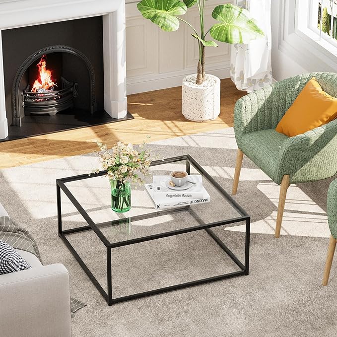 Black Glass Coffee Table for Living Room,Square Coffee Tables for Small Spaces,Simple Tea Cocktail Modern Center Tables, Living Room Tables,Easy Assembly,26 * 26in（Black & Clear Glass）