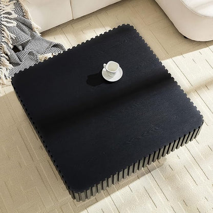 KEVINSPACE Square Wood Coffee Table, Fluted CoffeeTable Handcraft Drum TeaTable CenterTable for Living Room, Modern Wooden CocktailTable for Small Space, Easy Assembly 35.43" 15.75" H Black