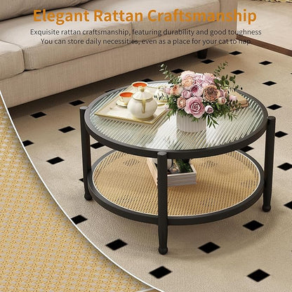 Rattan Round Coffee Table for Living Room, 32" Boho Circle Table with Tempered Glass Desktop Rustic Solid Wood Farmhouse Accent Center Storage Table (Black, 31.5" D x 31.5" W x 17" H)