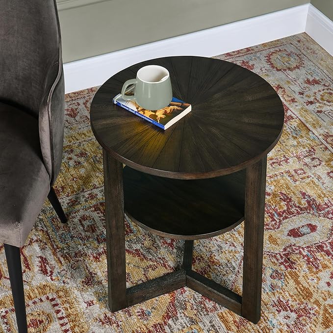 PADMA HOUSE 19.3" Round Wood End Table, 2-Tier Solid Wood Rounded Accent Side Table Circle Nightstand Table with Storage Shelf Vintage Furniture for Home Living Room Bedroom,Black Brown 3338BK